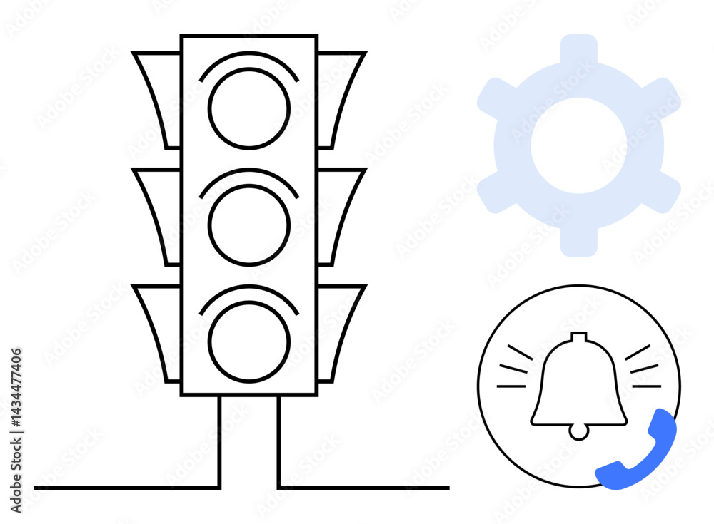 Poster traffic light graphic with empty signals, a gear icon symbolizing configuration, and a ringing notif