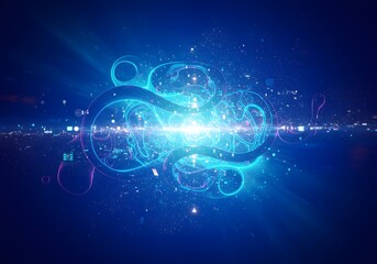 Abstract Blue Energy Burst with Light Rays and Digital Elements.
