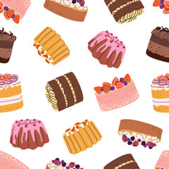 Pattern with holiday berry cupcake with meringue for stickers and decoration. Vector hand drawn elegant illustration in vintage sketch style. Cliparts for birthday, wedding valentines designs