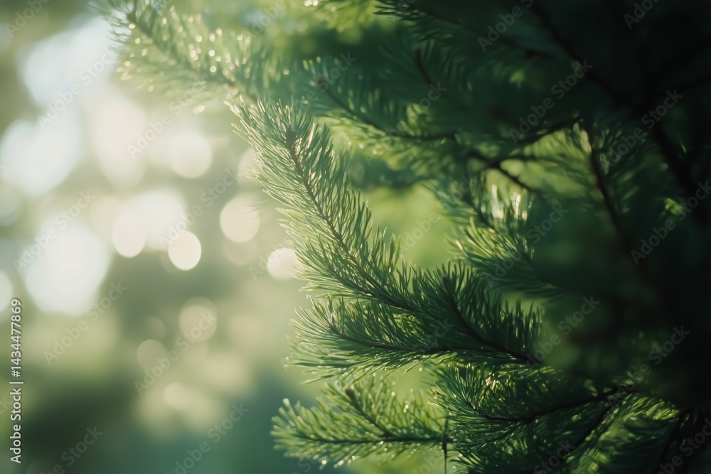Poster sunlight filtering through pine branches in a tranquil forest setting