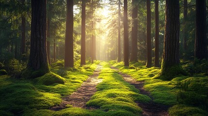 Fototapeta premium Sunlit Path Through Lush Green Mossy Forest Tranquil Serene Nature Scene Peaceful Woodland Pathway Magical Sunlight Beams Dappled Light Beams Through 