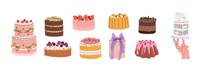 Set with holiday berry cakes for stickers and decoration. Vector hand drawn elegant illustration in vintage sketch style. Cliparts for birthday, wedding valentines designs
