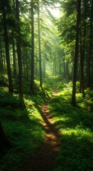 Fototapeta premium Sunlit Forest Path Through Lush Green Woods