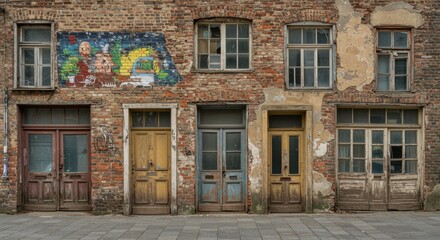 Weathered Brick Building with Colorful Doors and Mural