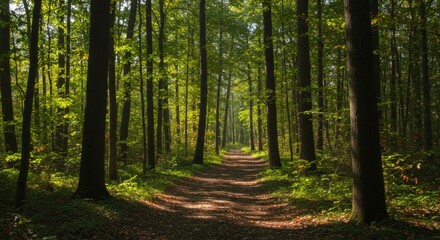 Fototapeta premium Sun Dappled Path Through Lush Green Forest