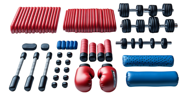 Gym fitness equipment set including dumbbells, treadmill, boxing gloves isolated on white background