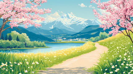 Nature landscape, rive, mountains, flower, grass and tree. mountain landscape, path and distant building. Bloom Rift. Illustration
