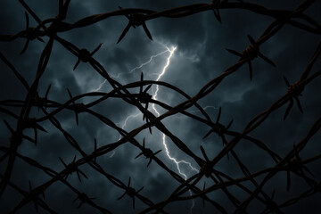 Barbed Wire Against Lightning: A stark and dramatic visual of barbed wire silhouetted against a stormy sky, with a flash of lightning illuminating the turbulent scene.