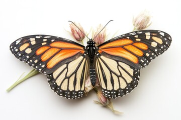 Fototapeta premium A vibrant monarch butterfly with striking orange and black wings rests delicately on dried flower buds against a white backdrop.