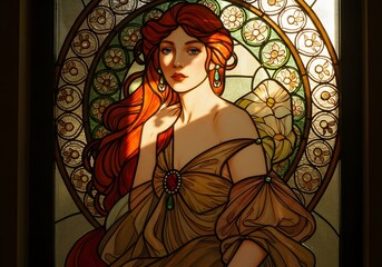 Elegant Art Nouveau Portrait Red-Haired Woman in Stained Glass, Vintage Beauty, Floral Frame, Antique Illustration.