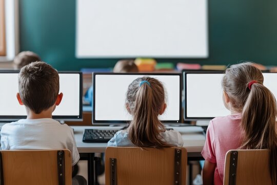 Back view of focused kids using computers in classroom setting