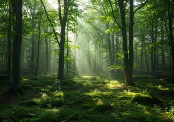 Obraz premium Sunlit Forest Path with Misty Fog