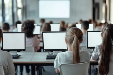 Back view of focused kids using computers in classroom setting
