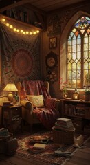 Obraz premium Cozy Autumnal Room with Tapestry and Stained Glass Window