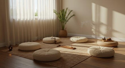 Meditation space with cushions rug plant sunlight and window in a bright room.