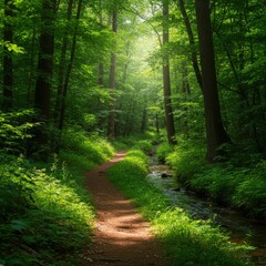 Obraz premium Sunlit Forest Path Beside a Creek