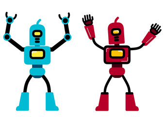 funny cartoon robot with isolated background. set of funny cartoon robots. robot vector design collection, isolated on white background , Three Colorful Cartoon Robots Standing