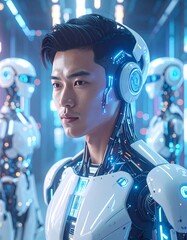 cyberpunk portrait of handsome asian young man turning into a robot, close up portrait	
