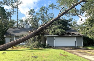 A large tree has fallen on a house, damaging the roof and garage