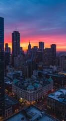 Vibrant City Sunset with Snow-Covered Buildings