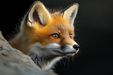 A red fox kit, alert and curious, peeks from behind a rock, its fur glowing in the sunlight.