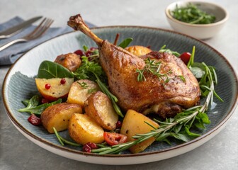 Savoring duck confit with crispy skin and roasted potatoes culinary delight restaurant setting gourmet cuisine intimate atmosphere