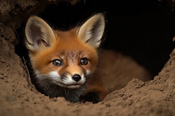 Fototapeta premium A curious red fox kit peeks out from its burrow, showcasing its captivating eyes and fluffy fur.