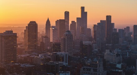 Fototapeta premium City Skyline at Sunset with Warm Golden Light