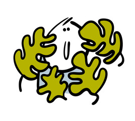 Stickman is hiding in the jungle. Vector illustration and monstera sheets. Tropical plants in the garden and at home. Cartoon doodle character isolated on white background.