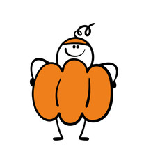 Man in a pumpkin costume at a Halloween party. Vector illustration of a boy playing in a theater, an autumn masquerade. Cartoon doodle character isolated on white background.