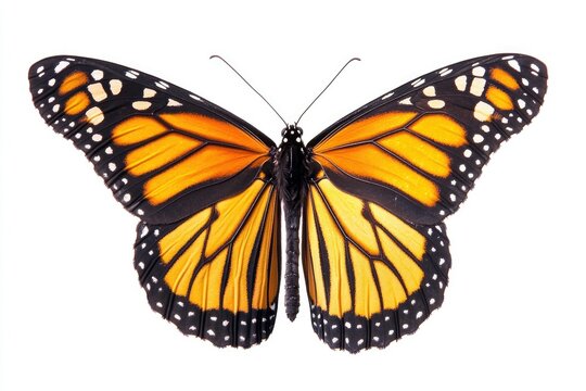 A vibrant Monarch butterfly with orange and black wings, showcasing intricate details against a white background.