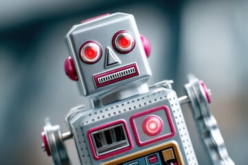 Naklejka premium Retro robot toy standing with glowing red eyes and pink details
