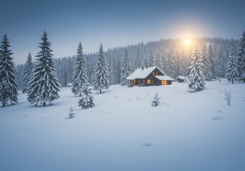Illuminated Cabin in Snowy Mountain Forest