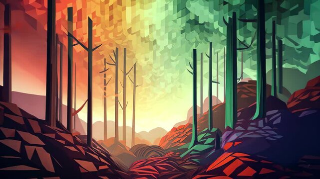 An abstract interpretation of a vibrant forest with pixelated trees and colorful sky during twilight, evoking a sense of wonder and tranquility in a serene natural setting