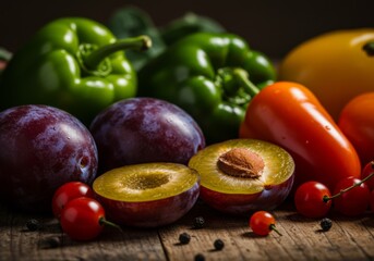 Colorful Fresh Plums and Bell Peppers on Rustic Wood