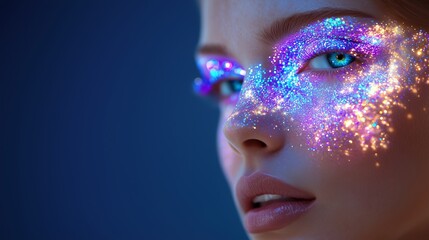 Sparkling makeup art highlights features of a model during a creative photoshoot at night