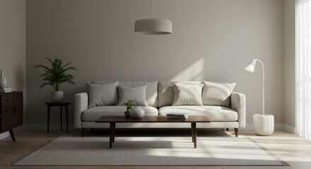 Living room interior with sofa coffee table plant and sunlight through window.