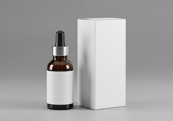 Dropper bottle mockup with blank label and box on gray surface