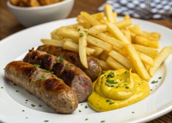 Indulging in andouillette sausage with mustard sauce and fries at a french bistro culinary experience gastronomic delight