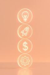 Modern symbolic image of idea currency — glowing business coins with innovation icons on pastel background