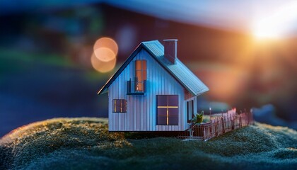 Miniature Blue House on a Grassy Knoll at Sunset/Twilight with Bokeh. Ideal for articles about smart home technology, real estate investment, home security, or conceptual themes of hope and security