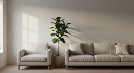Bright living room with sofa armchair and plant against a plain wall.