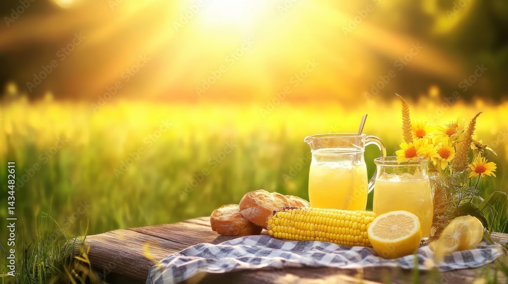 Poster refreshing lemonade and pastries on rustic table in sunny field during summer