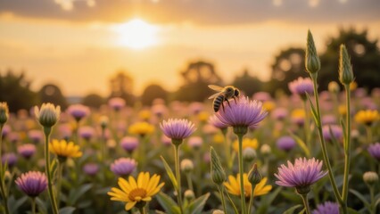 Obraz premium Honeybee on Wildflower Meadow at Sunset: Pollination, Nature, Summer, Beauty
