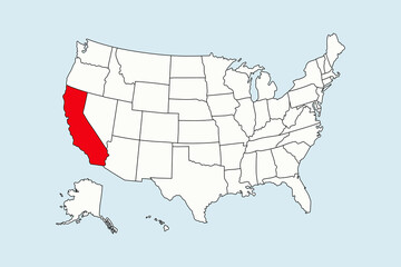 California highlighted in USA map isolated on blue background
