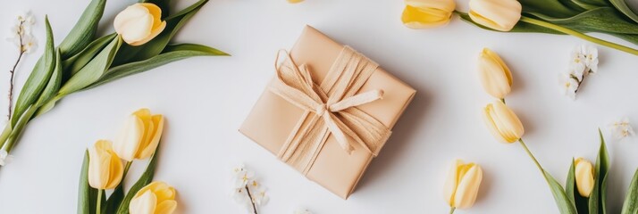 flat lay of a wrapped gift surrounded by yellow tulips on white background, present tied with natural twine and elegant floral arrangementSignificant empty space for text 