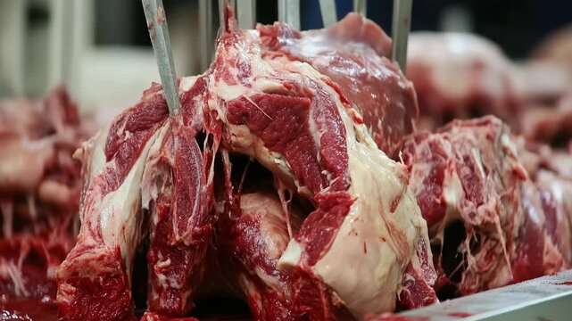 Fresh raw beef being processed by metal hooks at an industrial meat processing facility showing fat marbling and meat fibers and textures.
