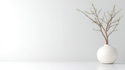 Obraz premium A delicate branch arrangement in a white ceramic vase on a minimalist white surface, soft lighting and neutral background, and modern interior decor concept.