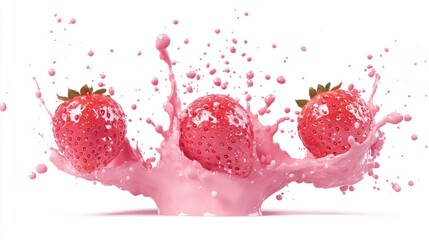 Strawberries splashing in pink milk;  food photography; white background