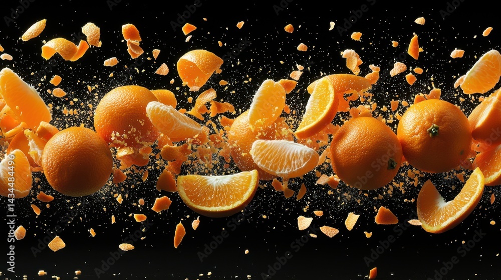 Poster colorful oranges burst apart in a dynamic display against a black background showcasing texture and 